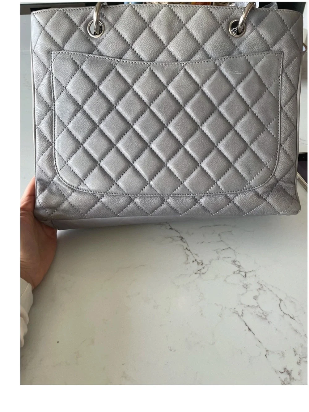 CHANEL Quilted Grand Shopping Tote in Silver Gray